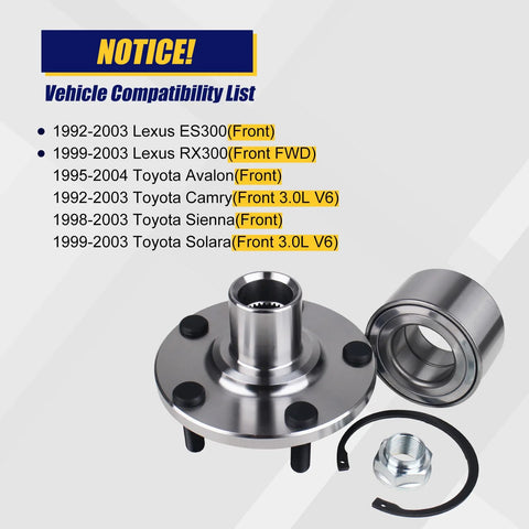 Front Wheel Bearing And Hub Assembly 518509 Compatible With ES300 RX300 Camry Avalon Sienna Solara And Toyota Models Front 5 Lug Bolts No ABS Replaces Front Wheel Hub Unit Fits Your Ride 1992-2004 shown with components and compatibility list