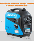 Beefy 2200 Watt Inverter Generator Portable Quiet Power For Home Backup Camping And Job Sites, blue compact design with dimensions.