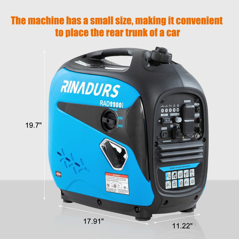 Beefy 2200 Watt Inverter Generator Portable Quiet Power For Home Backup Camping And Job Sites, blue compact design with dimensions.