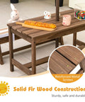 Kid Approved Outdoor Picnic Table Set With Cushioned Benches, Adjustable Height Table, Built In Umbrella, Wood Toddler Play Table For Patio Garden Backyard, Perfect Gift For Ages 3 To 8, Coffee Finish showing solid fir wood construction with reinforced screws.
