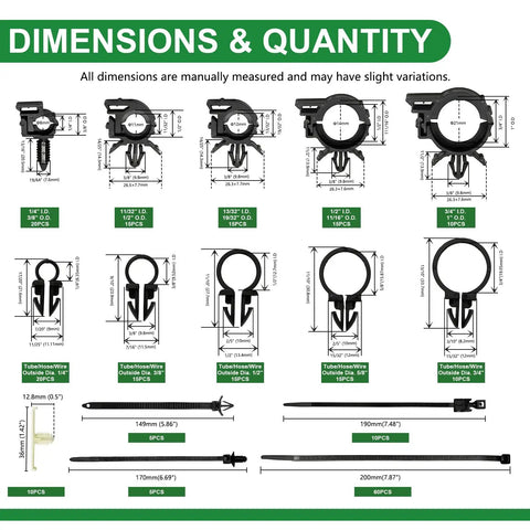240 Piece Car Wire Loom Routing Clips Kit dimensions guide with 15 sizes for Ford Honda GM Mazda replacement parts