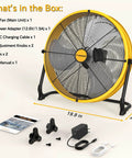 16 Inch Battery Powered Floor Fan With 2500 CFM High Velocity Airflow 15600mAh Rechargeable Cordless Design and accessories