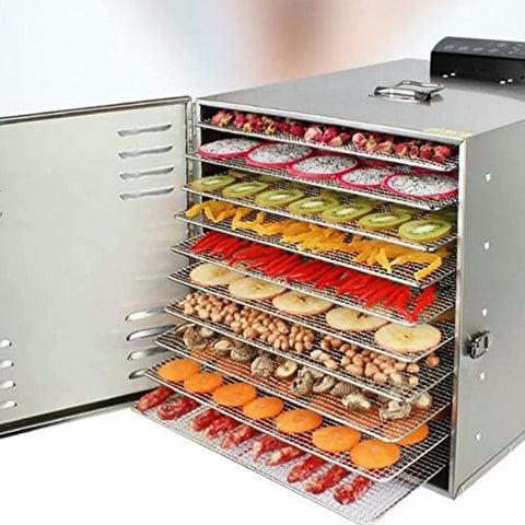 Built Different Commercial Food Dehydrator With 10 Layer Stainless Steel Professional Electric Dryer Machine showing layered fruits and vegetables.