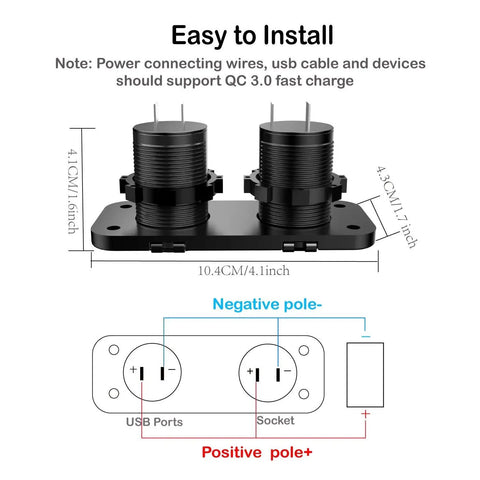 Road Ready Waterproof Cigarette Lighter Socket Splitter With Straight Up Beast Mode Charging QC 3.0 Dual USB Ports front view and size dimensions.
