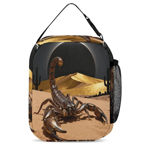 Desert Scorpion Eclipse Insulated Lunch Box with desert scene and scorpion design, portable reusable cooler tote with side mesh pocket.