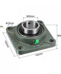 Flange Block Bearing UCF210 50mm bore, cast iron housing, with set screw lock and chrome steel insert, dimensions labeled