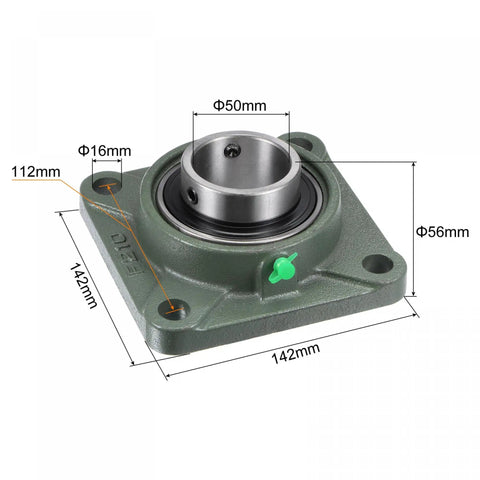 Flange Block Bearing UCF210 50mm bore, cast iron housing, with set screw lock and chrome steel insert, dimensions labeled
