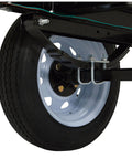 Close-up of wheel and suspension of 4Ft By 8Ft Steel Folding Utility Trailer Kit Built Tough With 1,170-Pound Payload, 1,400-Pound GVWR, Dual 4.80-12 Tires.