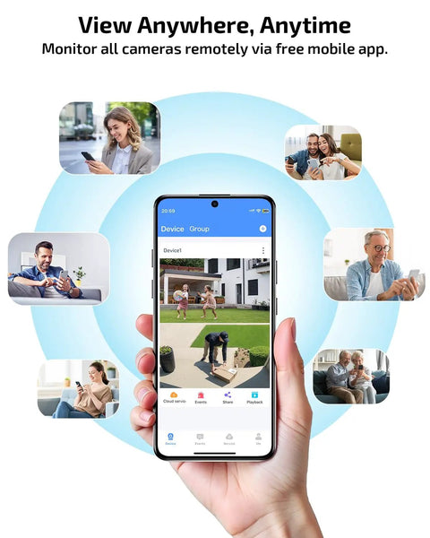 Hand holding phone displaying 4K Ultra HD Auto Tracking Wired Security Camera System With Outdoor PoE PTZ Cameras Dual Lens Surveillance Kit app