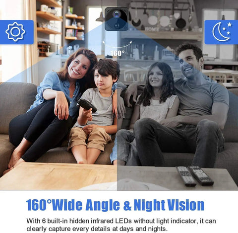 Ultra Mini 4K Wireless Nanny Camera with 160° wide angle, night vision, monitoring family on sofa, for car or home surveillance.