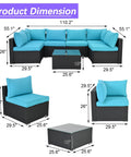 Dimension diagram of All Weather 7 Piece Outdoor Sectional Sofa Set With Waterproof Cover Wicker Patio Furniture, Blue cushions.