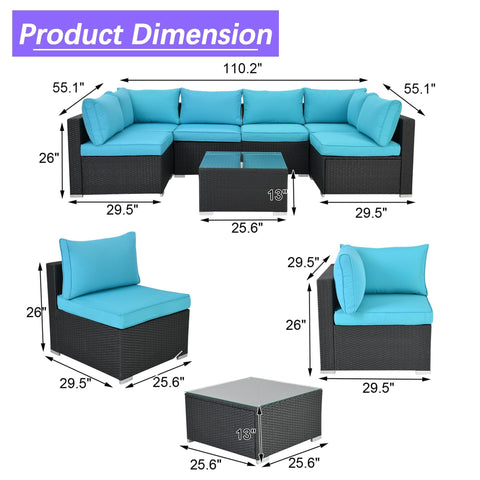 Dimension diagram of All Weather 7 Piece Outdoor Sectional Sofa Set With Waterproof Cover Wicker Patio Furniture, Blue cushions.