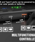 Close-up of a 12V 10A Solar Charge Controller MPPT with Type-C and USB ports for solar panels and batteries.