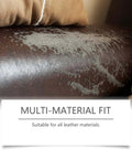 Damaged leather couch with text saying multi-material fit suitable for all leather materials, ideal for Clear Leather Repair Tape With Strong Flexible Adhesive And Scraper For Quick Easy DIY Fixes On Leather Vinyl Shoes Bags Wallets Furniture Car Seats Jackets And Upholstery.
