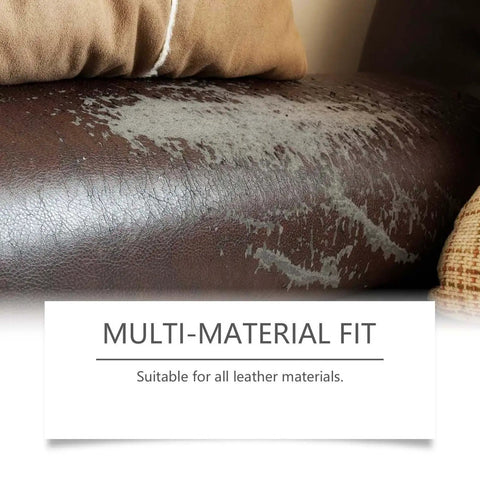 Damaged leather couch with text saying multi-material fit suitable for all leather materials, ideal for Clear Leather Repair Tape With Strong Flexible Adhesive And Scraper For Quick Easy DIY Fixes On Leather Vinyl Shoes Bags Wallets Furniture Car Seats Jackets And Upholstery.