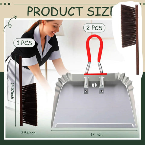 2 Pack 17 Inch Metal Dustpan and Brush Set Heavy Duty Industrial Sweeping Tool with Ergonomic Handle and Stiff Bristles on display