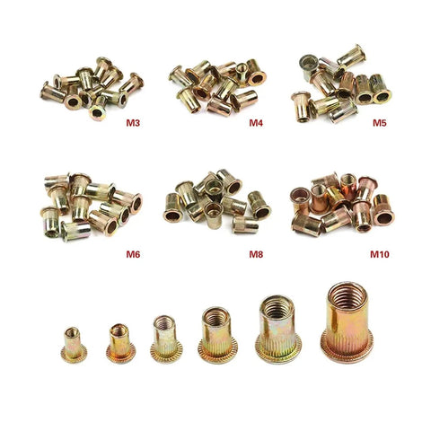 Top Notch Flat Head Rivet Nuts M3 To M12 Zinc Plated Steel With Knurled Grip For Heavy Duty Fastening assorted sizes.