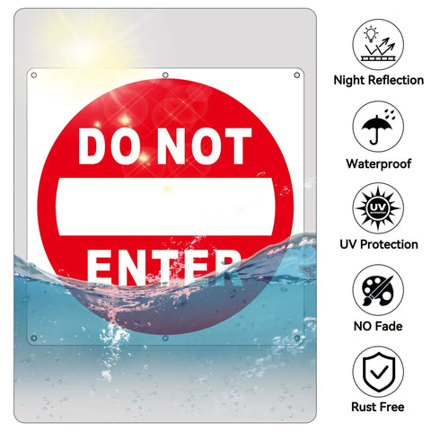 Two Pack Do Not Enter Sign 12x12 Inches Aluminum Reflective No Entry Metal Signage Weather Resistant Easy To Install White And Red Safety Sign For Home, Office, Workshop, And Construction Sites, night reflection