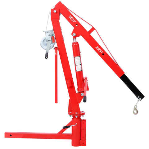 Heavy Duty 500 Lb Hitch Mounted Hydraulic Engine Hoist Portable Jib Crane, red, adjustable boom, designed for truck bed use.
