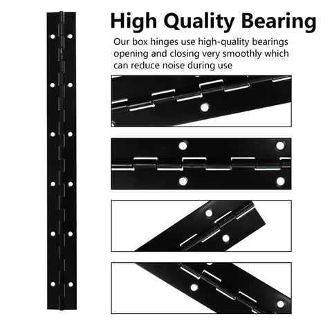 Top Shelf 4 Pack 12 Inch Black Piano Hinges Heavy Duty Continuous Metal Bar For Cabinet Doors Pianos Mailboxes Junk Drawers And Secure Storage Boxes Includes Mounting Screws close-up of black continuous hinge showing high-quality bearings.