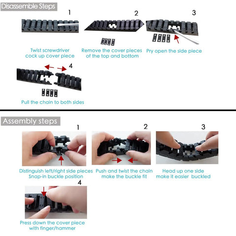 Assembly and disassembly guide for One Meter Openable 18x25mm Low Noise Drag Chain Cable Carrier for 3D printers and CNC machines.