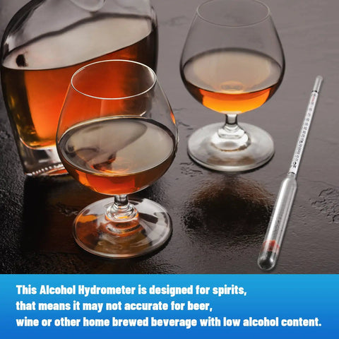 2 Pack Alcohol Hydrometers 0-200 Proof And 0-100 Tralle Alcohol Proof Gauges For Moonshine Still, Home Brew, Wine Making, Distilling, Easy Float And Readout For Accurate Alcohol Content. Glass hydrometer beside spirits glasses.