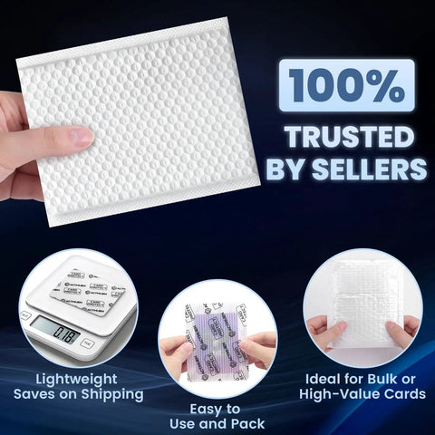 All In One Trading Card Shipping Kit With 200 Card Protectors, 100 Self Seal Bubble Mailers, 420 Card Sealing Stickers And Instruction Sheet For TCG MTG Sports Card Sellers Collectors And Small Business Packaging showing a self-seal bubble mailer being held with trust by sellers badge.