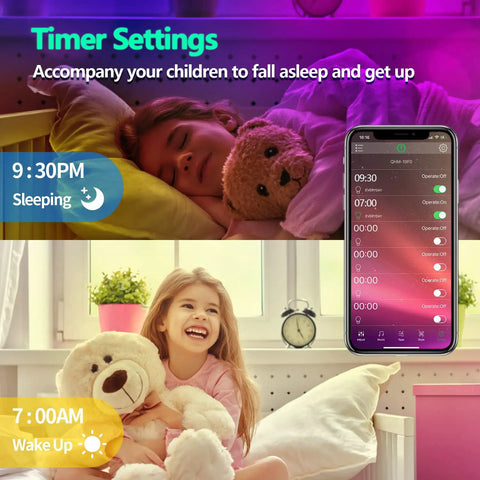 Child sleeping with teddy and Ultra Long 65.6Ft LED Strip Lights For Bedroom With Music Sync RGB Color Changing App screen visible