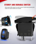 Close-up of 12V 5-pin rocker switch from LED Light Bar Wiring Harness Kit With Dual Output, showcasing sturdy design and Sasquatch Lights logo.