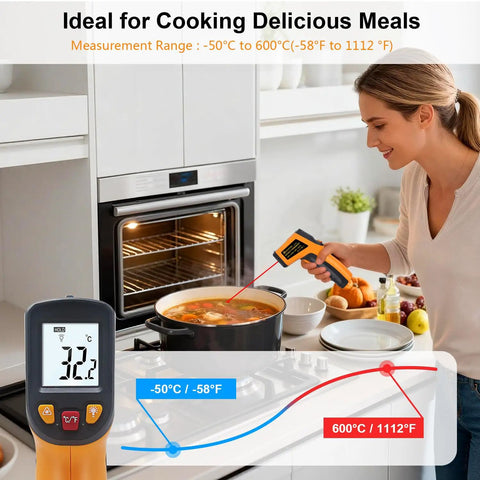 Non Contact Infrared Thermometer Gun With Laser Guide For Cooking And Home Use Measuring From -58 To 1112 F -50 To 600 C Handy Handheld Temperature Sensor For Meat Grilling BBQ Oven Refrigerator Pool, handheld over pot