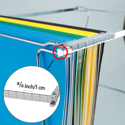 Close-up of Heavy Duty Steel Hanging File Frames Two Pack Adjustable File Cabinet Rails with hanging folders in various colors.