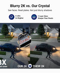 Comparison of 2K night vision: clear license plate view with 8X zoom using Plug And Play Wireless Outdoor Home Security Camera System 4 Camera Kit With Solar Power, 365 Day Battery, No Monthly Fees, AI Human Detection, PIR Motion Sensor, 2K Color Night Vision, Local On Site Storage.