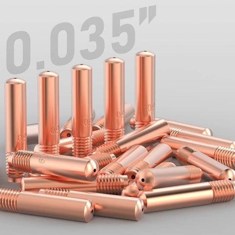 Premium 25-Pack 000-068 0.035 Inch MIG Welding Contact Tips in focus, showcasing gold copper design and threaded ends.