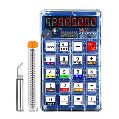 Hands On Soldering Practice Kit With 7 Digit LED Display Calculator And Resistor Decoder, Build Fun Electronics STEM Projects, Learn To Solder, Ideal For Adults Teens And Kids Aged 8 10 12 14 16 In Red. Clear acrylic enclosure with 7-digit LED, soldering kit parts visible.