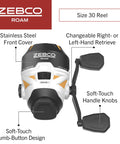 Zebco Roam Spincast Reel with size 30, stainless steel cover, soft-touch knobs, thumb-button, right or left retrieve options.