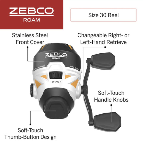 Zebco Roam Spincast Reel with size 30, stainless steel cover, soft-touch knobs, thumb-button, right or left retrieve options.