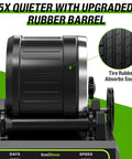 Brushless Rock Tumbler Kit With Massive 2.5Lb Capacity showing rubber barrel and details of tire rubber for sound absorption.