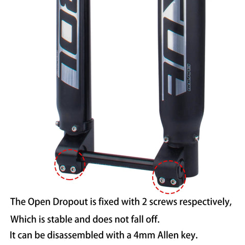 Beefed-Up Downhill Mountain Bike Front Fork With Air Suspension showing thru-axle Boost 110x15 and secured dropout detail.