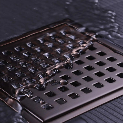 6 Inch Square Shower Floor Drain Brushed Bronze 304 Stainless Steel With Threaded Adapter Removable Grid Grate heavy-duty design with water flowing.