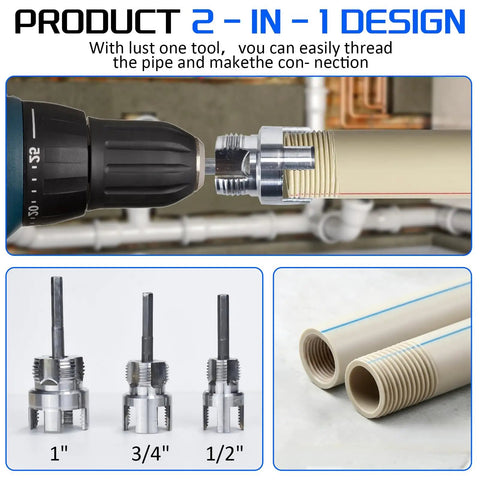 All In One Pro Grade Pipe Threader Kit For 1/2 3/4 And 1 Inch Pipes With Dual Threading For Internal And External Threads On PVC CPVC And ABS Drill Powered Speed For Quick Plumbing Repairs And DIY Handy Home Repair Projects showing components and thread detail.