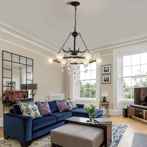Living room with Wagon Wheel Chandelier 9 Light Black Farmhouse Industrial Metal Pendant Light With Crystal Accents