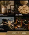 Collage of UnManila Rope being used for home decor, crafting, dock rope, and outdoor decoration, showcasing versatility.