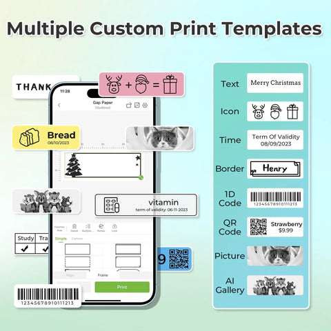 Super Slick Wireless Bluetooth Label Maker With Three Tape Rolls And Protective Case Ultra Compact Pocket Printer displaying custom print templates on smartphone.