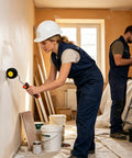 Woman using Pumpkin Profiled Corner Paint Roller For Inside Outside Walls Knock Out Drywall Detail Brush on interior wall.