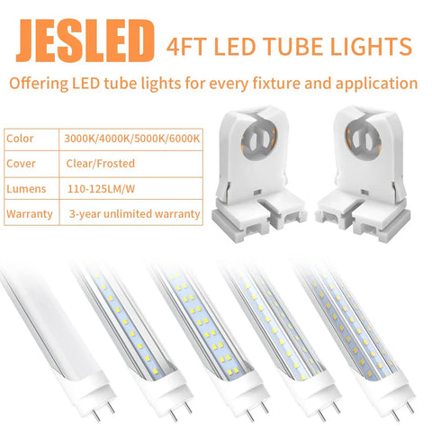 Non Shunted LED Tombstones Pack Of 50 T8 Lamp Holders UL Turn Type Lampholders No Fuss Install Bi Pin G13 Socket For T8 T10 T12 Fluorescent Tube Replacement And Programmed Start Ballasts displayed with LED tube lights and specifications chart.