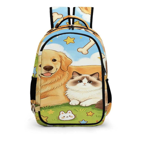 Sunny Grass Pet Duo Printed Unisex Backpack Large Capacity With Durable Polyester featuring dog and cat illustration