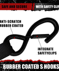Close-up of rubber-coated S-hooks with safety clips for 4 Pack Auto-Retractable Ratchet Tie Downs 1 Inch by 12 Foot Cargo Straps.