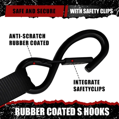 Close-up of rubber-coated S-hooks with safety clips for 4 Pack Auto-Retractable Ratchet Tie Downs 1 Inch by 12 Foot Cargo Straps.