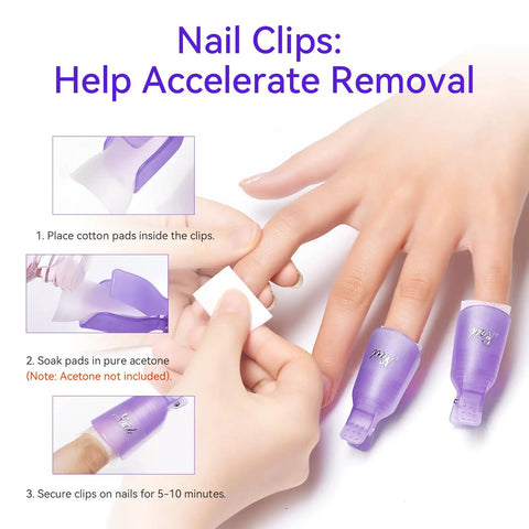 20 Piece Nail Remover Clips Kit For Fingers And Toes Reusable Gel Soak Off Clips with double ended cuticle pusher in use demonstration