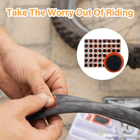 Hands applying 96 Pcs Bike Tire Patches Not Self Adhesive Rubber Patch For All Inner Tubes Outdoor Cycling Road Emergency Repair Kit